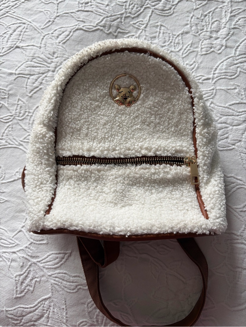 Womens mini Disney pooh bear cream Sherpa Backpack with Brown Trim